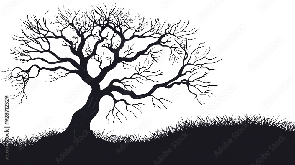 Fototapeta premium A silhouette of a bare tree standing tall against a white background, with grass at its base.