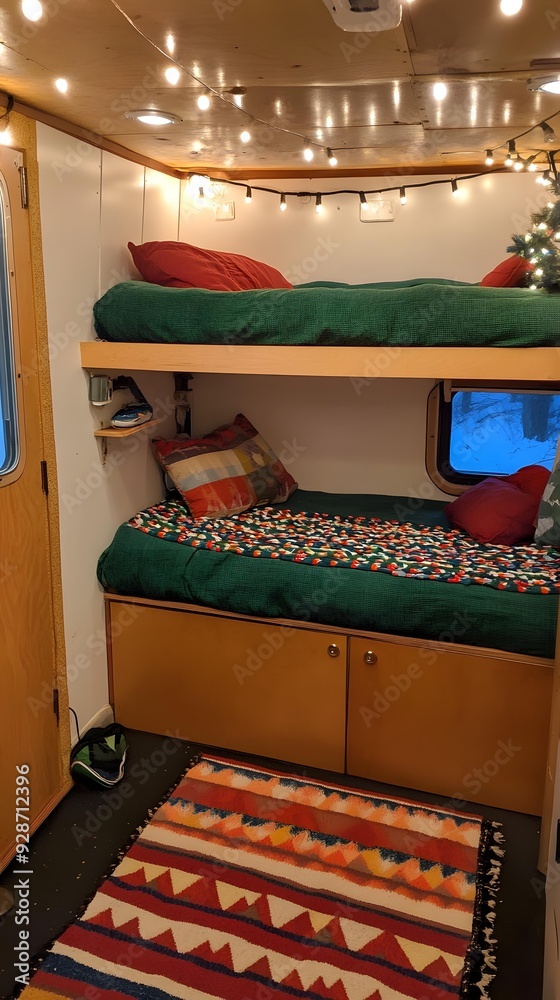 Naklejka premium Bunk Beds In A Camper Van With Christmas Lights