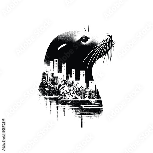 silhouette of Seal filled with graffiti street wall in rough drawing,