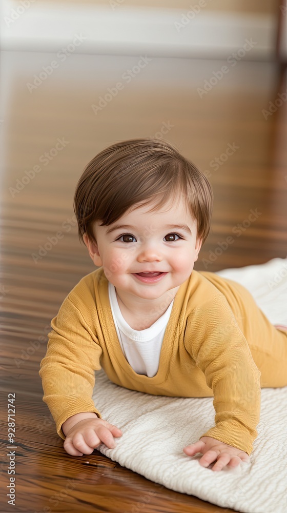 A cheerful three-year-old boy wearing a yellow sweater and white T-shirt beams with joy in a sunlit living room A cheerful three-year-old boy wearing a yellow sweater and white T-shirt beams with joy in a sunlit living room