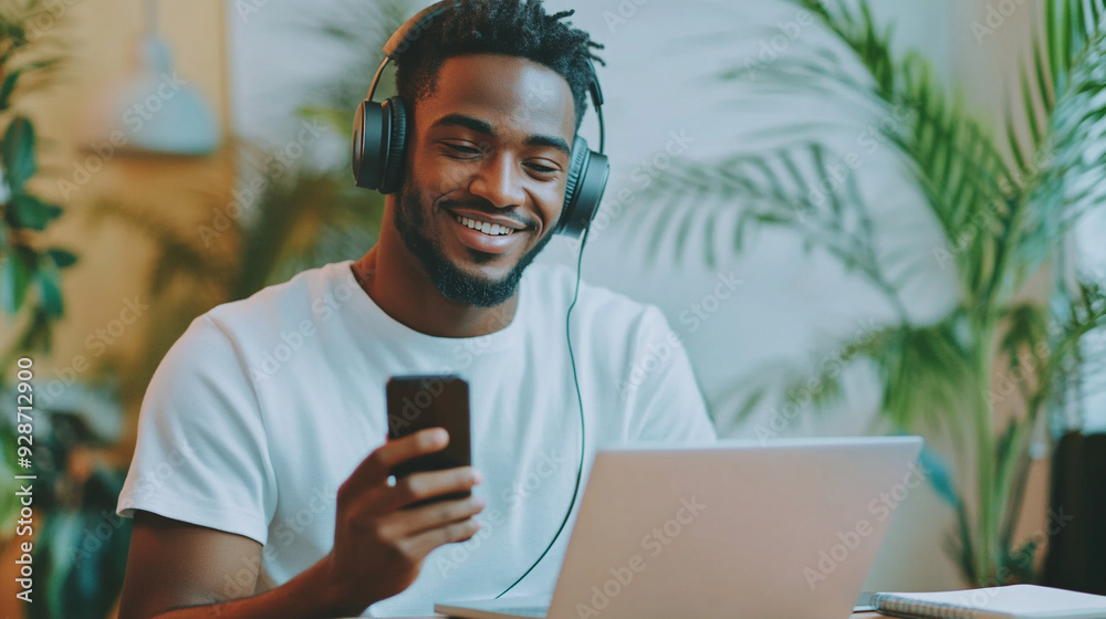 Fototapeta premium Person with headphones, laptop and smartphone.