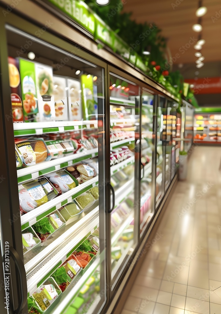 Refrigerated Food Display in Supermarket Aisle Refrigerated Food Display in Supermarket Aisle