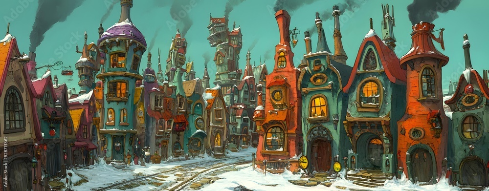 Fototapeta premium Fantasy Cityscape with Snow Covered Buildings and People Walking