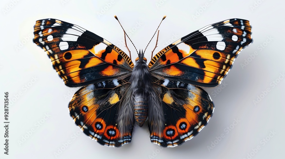 A vibrant painted lady butterfly with orange, black, and white wings against a white background. A vibrant painted lady butterfly with orange, black, and white wings against a white background.