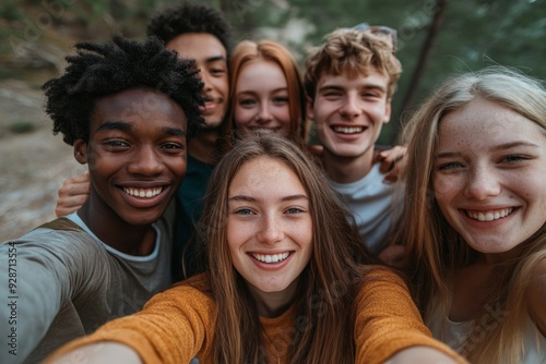 Multicultural group of young people smiling together at camera - Happy friends taking selfie pic with smartphone outdoors - Life style concept with guys and girls enjoying sunny, Generative AI