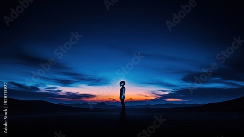 A silhouette of a person standing against a vivid twilight sky, showcasing a stunning gradient from day to night.