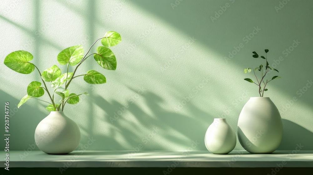 Plants in vases casting shadows on a green wall with sunlight shining through a window