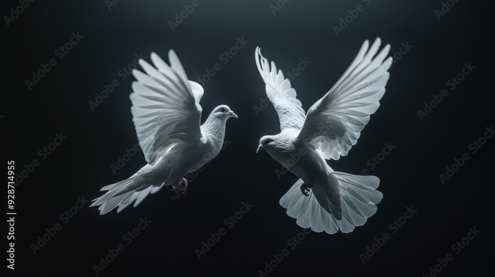 Obraz premium Two white doves in flight