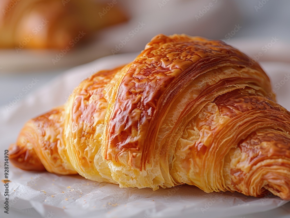 A detailed close-up of a perfectly baked, golden-brown, flaky croissant resting on a parchment paper, highlighting its texture and layers, with another blurred croissant in the background A detailed close-up of a perfectly baked, golden-brown, flaky croissant resting on a parchment paper, highlighting its texture and layers, with another blurred croissant in the background