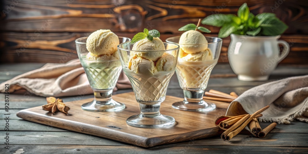 Fototapeta premium Vanilla Ice Cream in Crystal Glasses with Cinnamon Sticks, Vanilla, Cinnamon , Ice Cream , Dessert , Food