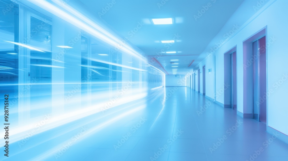 Fototapeta premium blur effect in a hospital corridor with blue lighting 