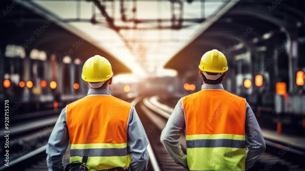 Group of railway engineers in high-visibility vests, Group of railway engineers in high-visibility vests,