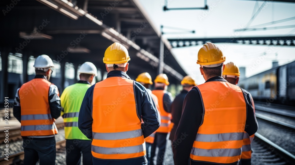 Group of railway engineers in high-visibility vests, Group of railway engineers in high-visibility vests,