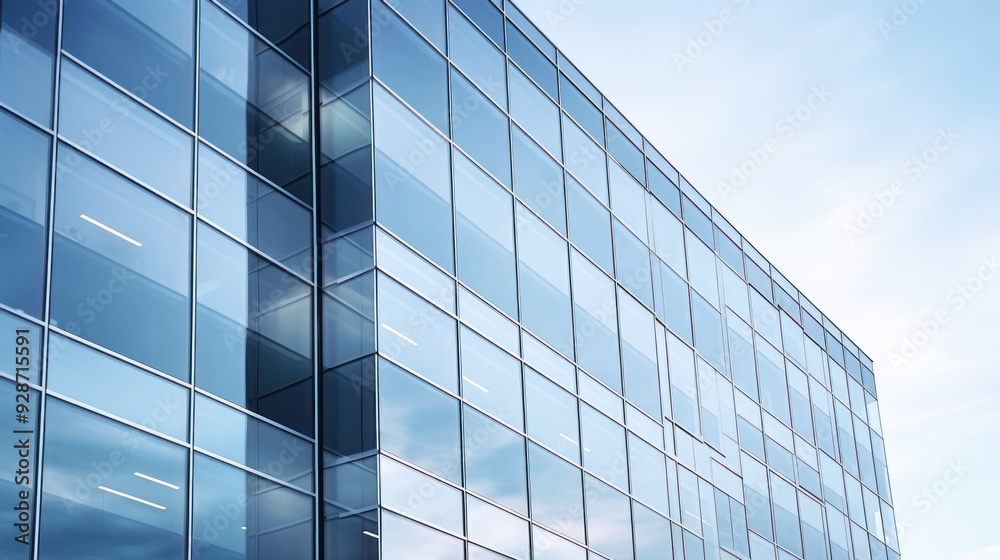 High-rise office building with a striking facade of reflective glass panels High-rise office building with a striking facade of reflective glass panels