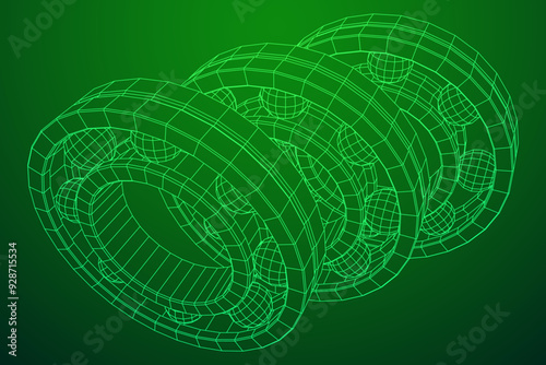 Roller bearing. Circular round rotating bearings used in industry for heavy equipment mechanical work and engineering. Wireframe low poly mesh vector illustration.