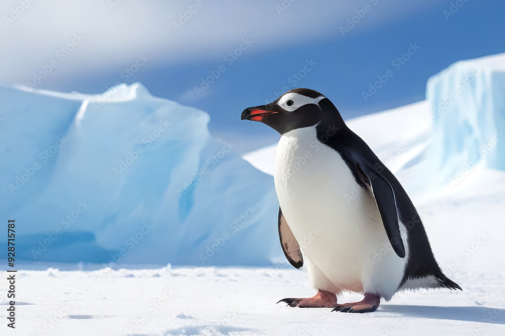 Fototapeta premium Gentoo Penguin Standing on Antarctic Ice with Icebergs in the Background
