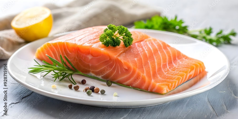Fresh salmon fillet on a white plate, salmon, raw, seafood, fish, healthy, cooking, gourmet, delicious, nutrition, organic, cuisine Fresh salmon fillet on a white plate, salmon, raw, seafood, fish, healthy, cooking, gourmet, delicious, nutrition, organic, cuisine