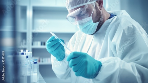 Male medical worker in scrubs, preparing medication with a syringe in a clinical setting. 