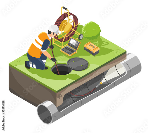 Engineer use Sewer Pipe inspection camera Tools Wastewater from industrial inspection concept isometic isolated illustration