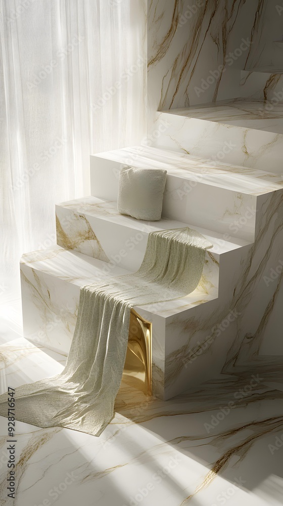 White Marble Steps With Green Blanket And Pillow White Marble Steps With Green Blanket And Pillow