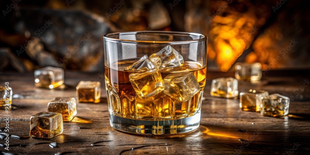 Whiskey on the Rocks - Glass with Ice Cubes on a Rustic Wooden Table, Glass, Ice, Whiskey, Drink Whiskey on the Rocks - Glass with Ice Cubes on a Rustic Wooden Table, Glass, Ice, Whiskey, Drink