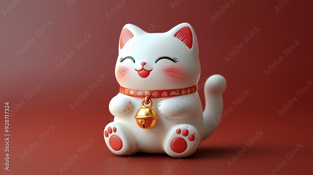 A Smiling White Maneki-Neko Lucky Cat Figurine with a Gold Bell A Smiling White Maneki-Neko Lucky Cat Figurine with a Gold Bell