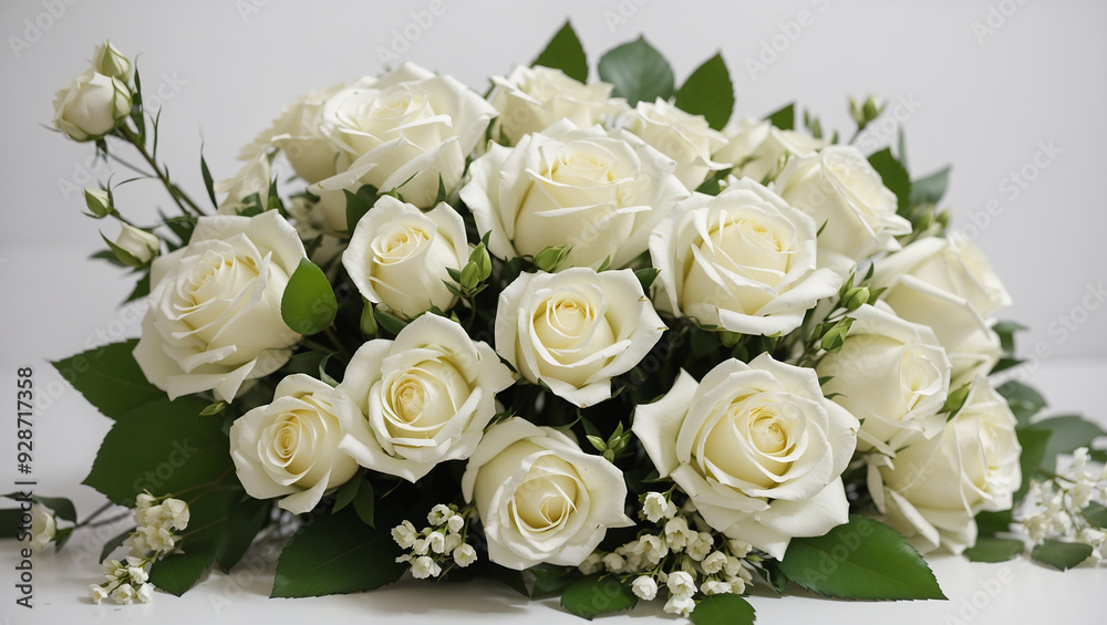 This is a bunch of white roses with green leaves and small white flowers.
This is a bunch of white roses with green leaves and small white flowers.