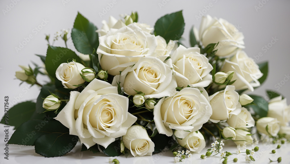 This is a bunch of white roses with green leaves and small white flowers.
This is a bunch of white roses with green leaves and small white flowers.
