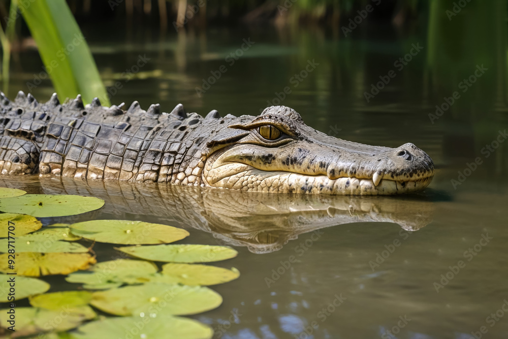 Crocodile Resting in a Calm Pond with Lush Greenery and Lily Pads Crocodile Resting in a Calm Pond with Lush Greenery and Lily Pads