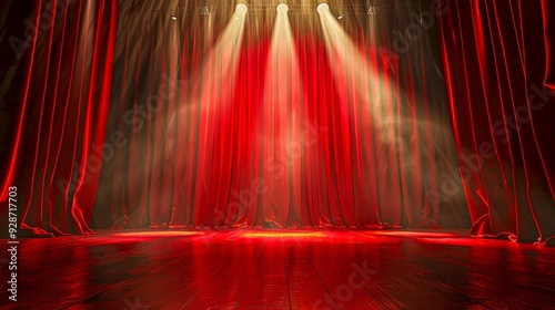 A vibrant stage with red curtains and dramatic lighting. The atmosphere is filled with anticipation and excitement. This image captures the essence of a spectacular theatrical presentation. AI