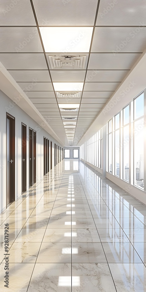 Obraz premium Modern Office Corridor with Glass Windows and Shiny Floor