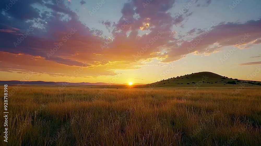 Fototapeta premium Breathtaking sunset over a serene grassy landscape with a distant hill and colorfully dramatic sky.