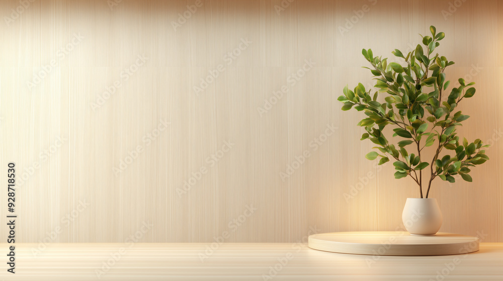 Fototapeta premium A serene minimalist interior setting featuring a potted green plant placed on a round wooden display stand. The warm, neutral-toned background with subtle texture highlights the simplicity