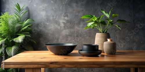 Wooden Table with Black Bowls and Green Plants, Tabletop, Minimalist , Still Life, Interior Design