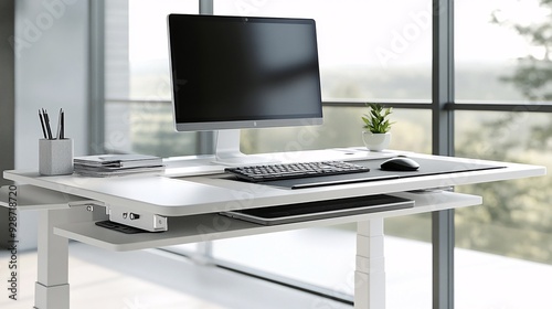 A modern ergonomic desk in a bright, contemporary office setting, featuring adjustable height and a clean, minimalist design. The desk is equipped with tech essentials like a laptop, a wireless