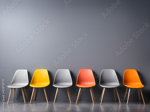 Chairs in modern design arranged in front of the gradient grey wall for interior or graphic backgrounds. The chair in different color can be used as a metaphor to represent the hiring position.