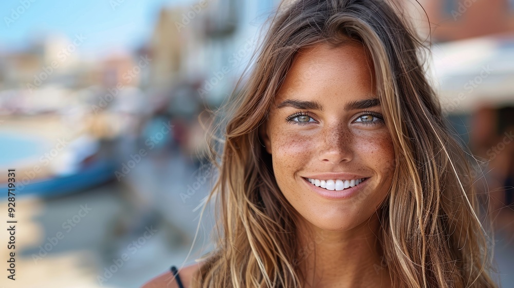 A young woman with long hair and freckles smiling brightly in an outdoor setting with a blurry background of buildings and people, showcasing a vibrant and joyful atmosphere A young woman with long hair and freckles smiling brightly in an outdoor setting with a blurry background of buildings and people, showcasing a vibrant and joyful atmosphere