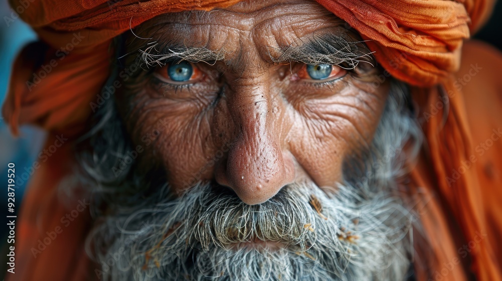 An elderly man with striking blue eyes and a weathered face wrapped in an orange turban, stares intently into the camera, showcasing a rich tapestry of lived experiences and cultural heritage