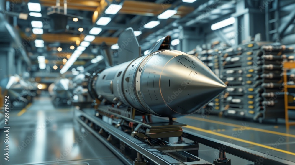 Military tactic rocket factory, production line. War concept 3d rendering. 3D Illustration Military tactic rocket factory, production line. War concept 3d rendering. 3D Illustration