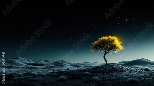 Lonely tree glowing under the night sky on a barren landscape, dramatic solitude in nature, digital art.