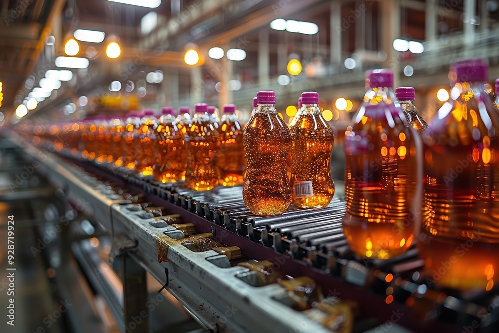 An industrial beverage production line with dozens of plastic bottles filled with a golden-hued liquid moving on a conveyor belt under bright lights An industrial beverage production line with dozens of plastic bottles filled with a golden-hued liquid moving on a conveyor belt under bright lights