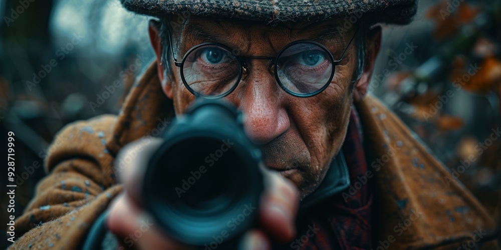 A close-up of an elderly gentleman wearing round glasses and a tweed hat aiming a camera or scope, with a focused and intense expression, capturing the essence of determination and concentration