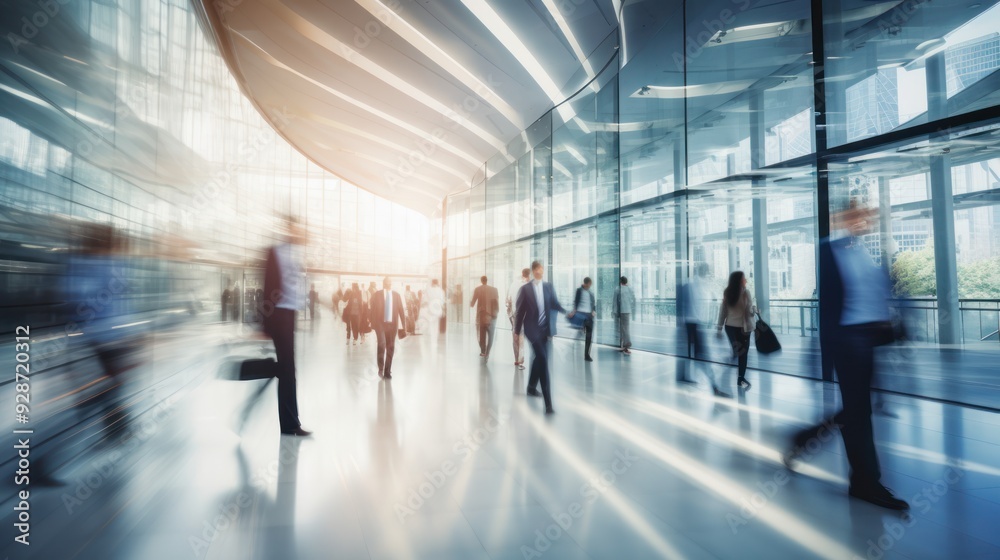 blurred businesspeople passing through a spacious corridor blurred businesspeople passing through a spacious corridor