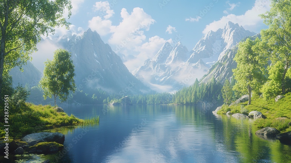 Fototapeta premium A body of water surrounded by green trees with towering mountains in the background. The scene is peaceful and serene, offering a tranquil atmosphere.
