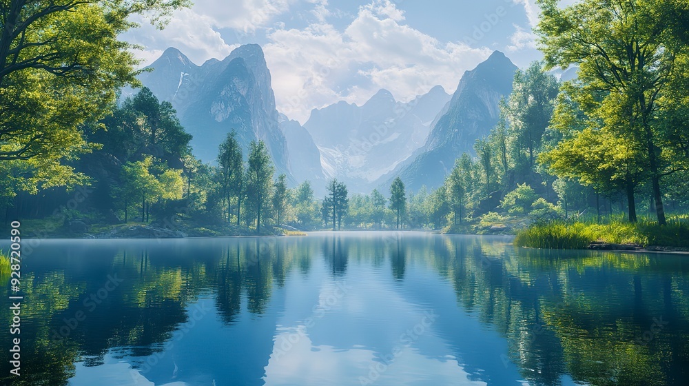Naklejka premium A body of water surrounded by green trees with towering mountains in the background. The scene is peaceful and serene, offering a tranquil atmosphere.