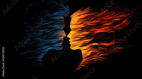 A man silhouette facing a woman silhouette with an abstract art pattern