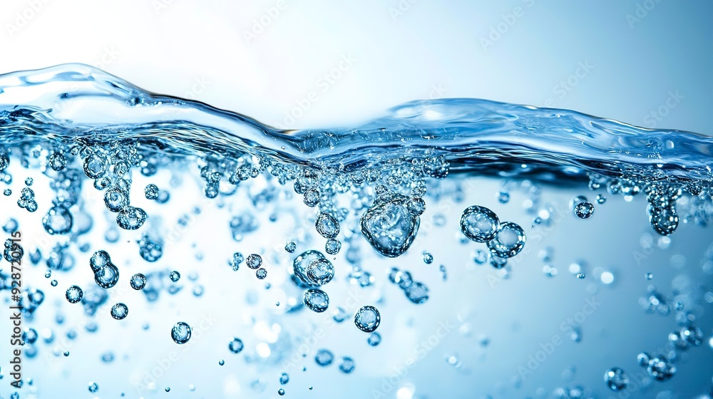Oxygen bubbles in clear blue water, close-up. Mineral water. Water enriched with oxygen 