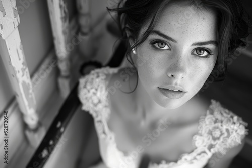 A black and white close-up portrait of a young woman with striking eyes and a lace dress, sitting on a staircase, exuding a timeless and elegant ambiance
