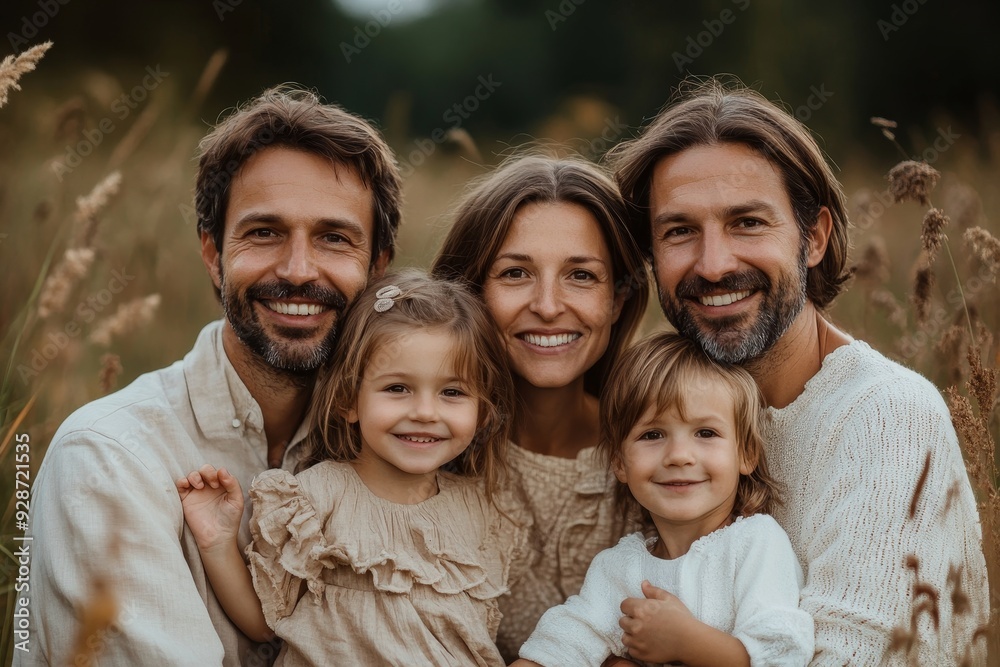 Obraz premium Happy family in nature. Happy family: mother, father, children son and daughter. life is made of little things, Generative AI