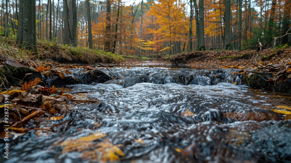 A serene forest scene during autumn with a gentle brook meandering among the trees, showcasing vibrant orange and yellow leaves on the forest floor and along the water's edge A serene forest scene during autumn with a gentle brook meandering among the trees, showcasing vibrant orange and yellow leaves on the forest floor and along the water's edge